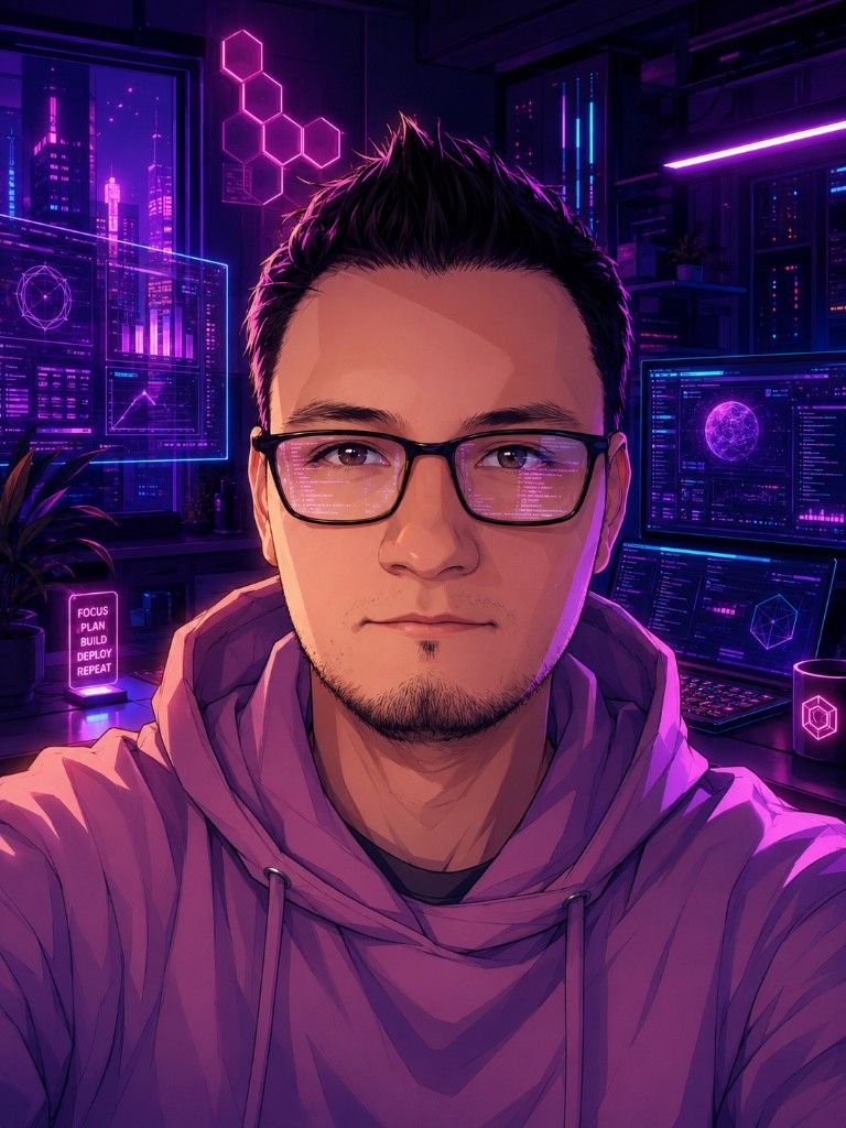 Ilustración de Manuel Guzmán en un espacio de desarrollo futurista con iluminación violeta y magenta.