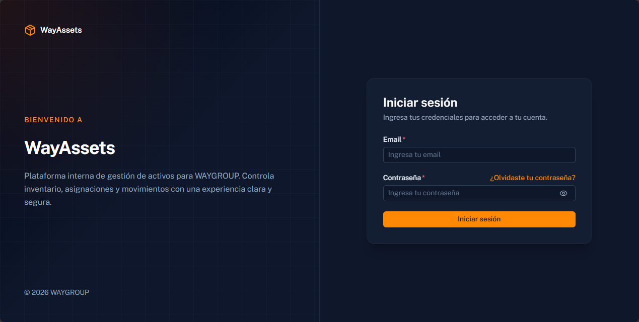 Pantalla de inicio de sesión de WayAssets, plataforma interna para gestionar activos tecnológicos de WAYGROUP.